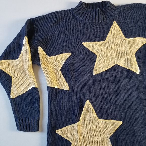 Vintage Sweaters - VTG navy & gold mock turtleneck knit pullover sweater